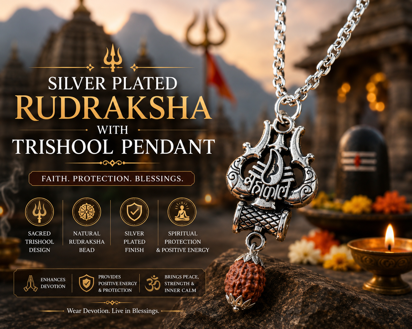 Silver Plated Rudraksha with Trishool Pendant