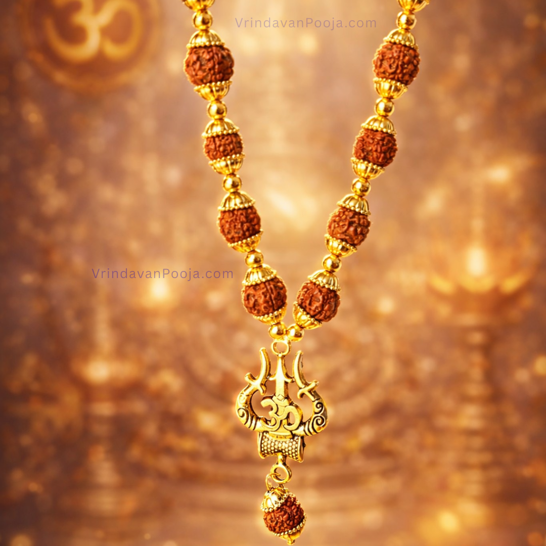 Gold Plated Rudraksha Mala with Om Trishool Pendant