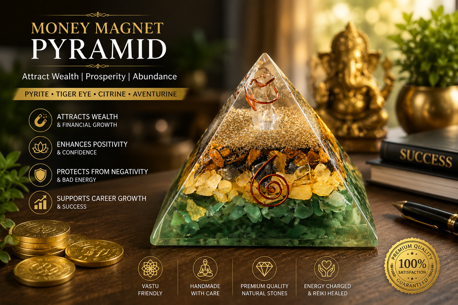 Money Magnet Pyramid with Pyrite, Tiger Eye, Citrine and Aventurine Stones
