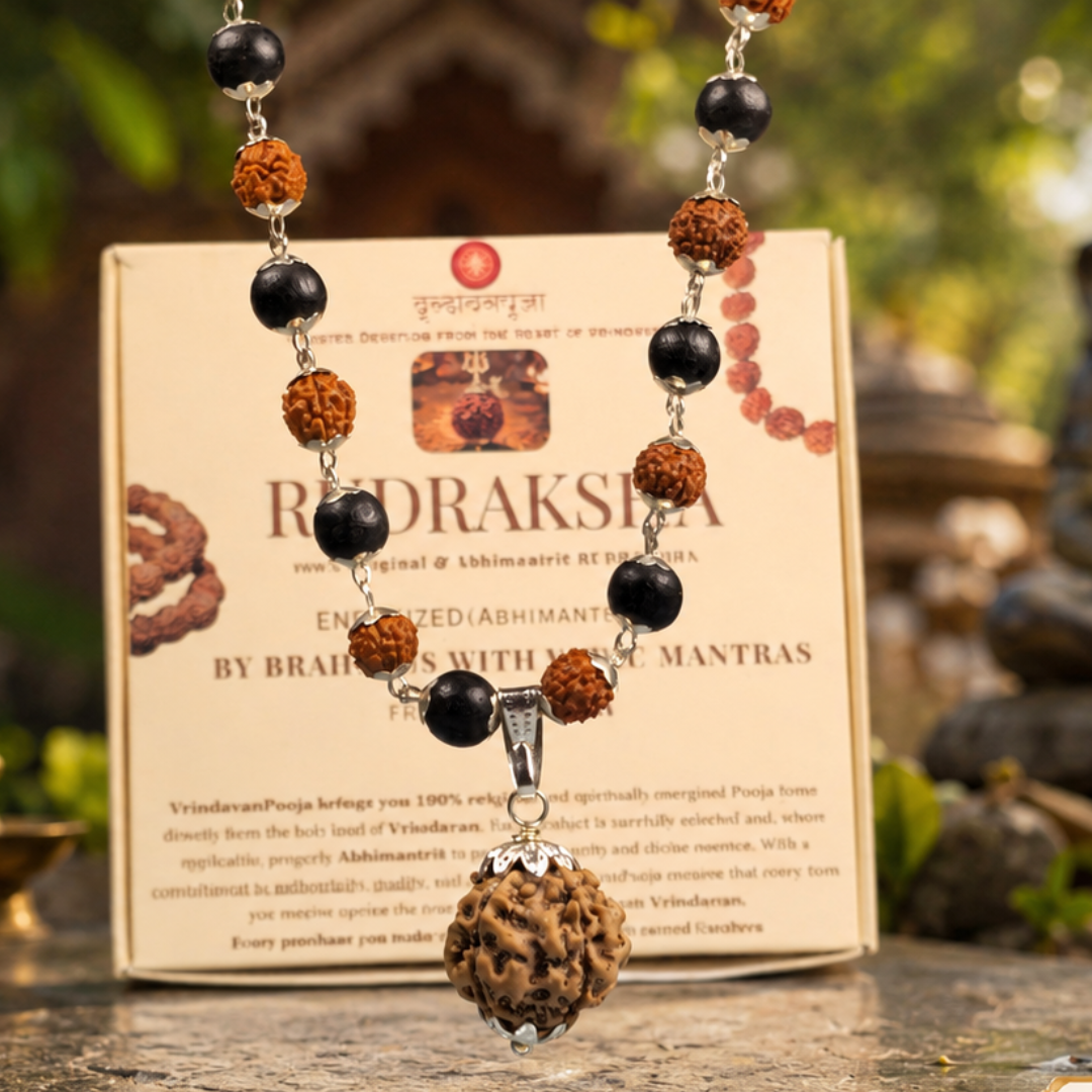 Silver Plated Rudraksha & Karungali Mala with 5 Mukhi Rudraksha Pendant