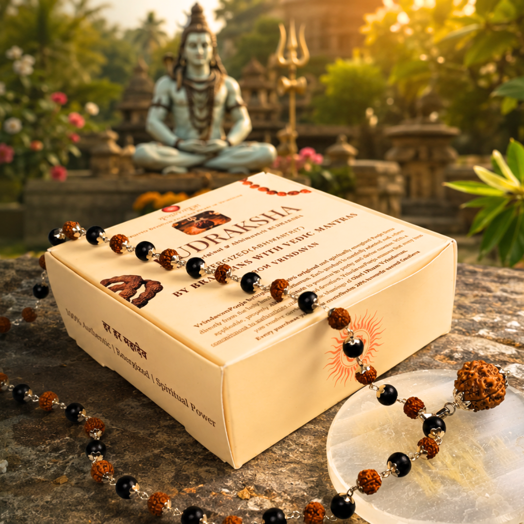 Silver Plated Rudraksha & Karungali Mala with 5 Mukhi Rudraksha Pendant