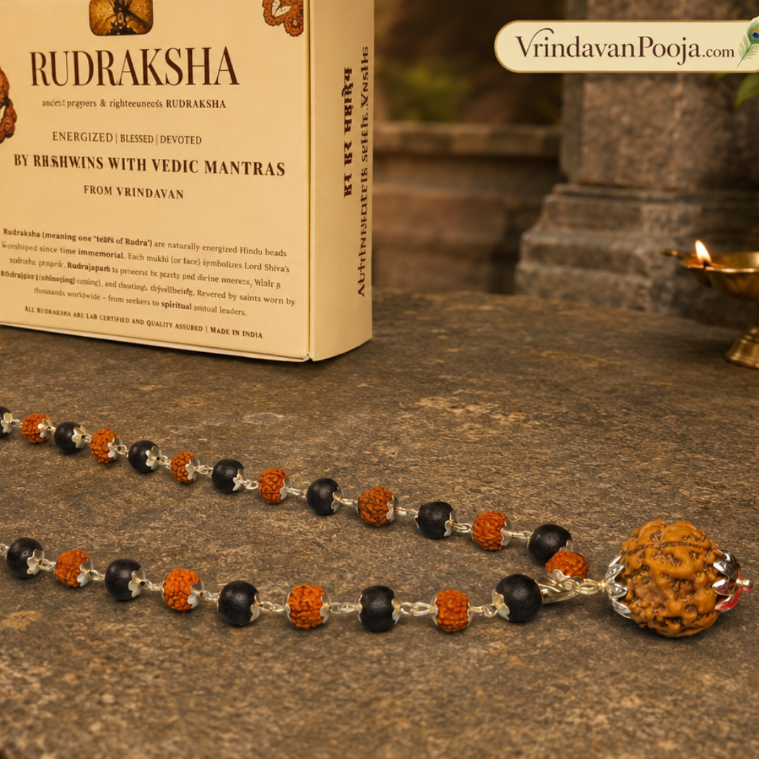 Silver Plated Rudraksha & Karungali Mala with 5 Mukhi Rudraksha Pendant