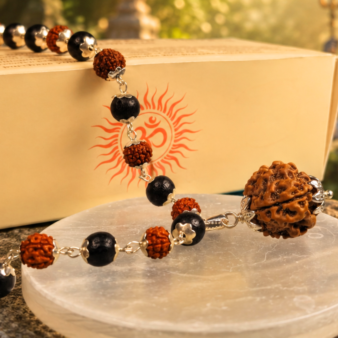 Silver Plated Rudraksha & Karungali Mala with 5 Mukhi Rudraksha Pendant