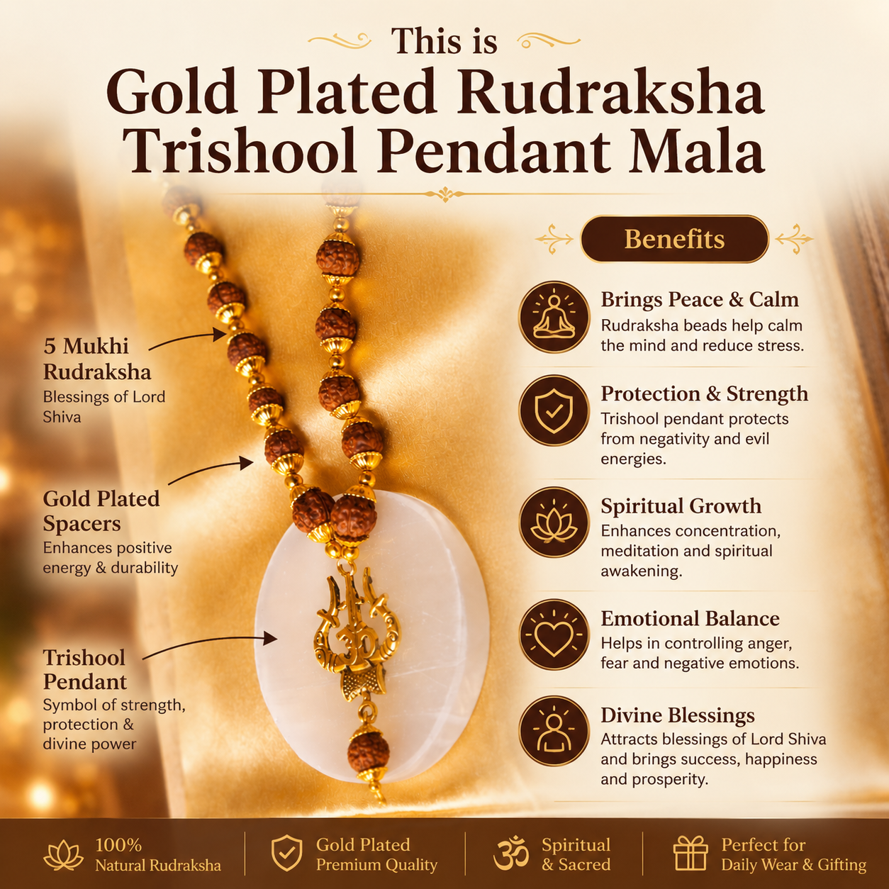 Gold Plated Rudraksha Mala with Om Trishool Pendant