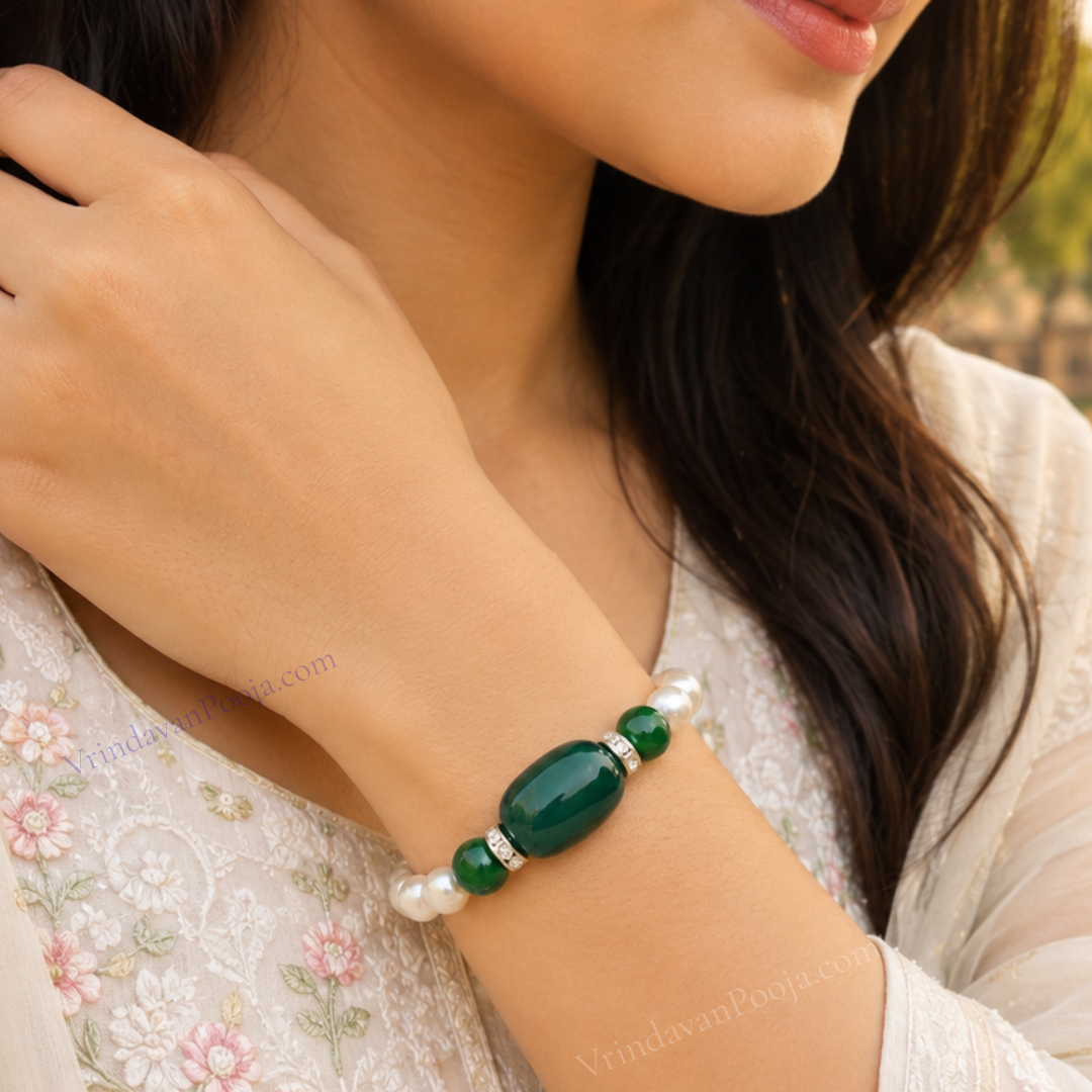 White Pearl with Green Jade Diamond Roundel Bracelet