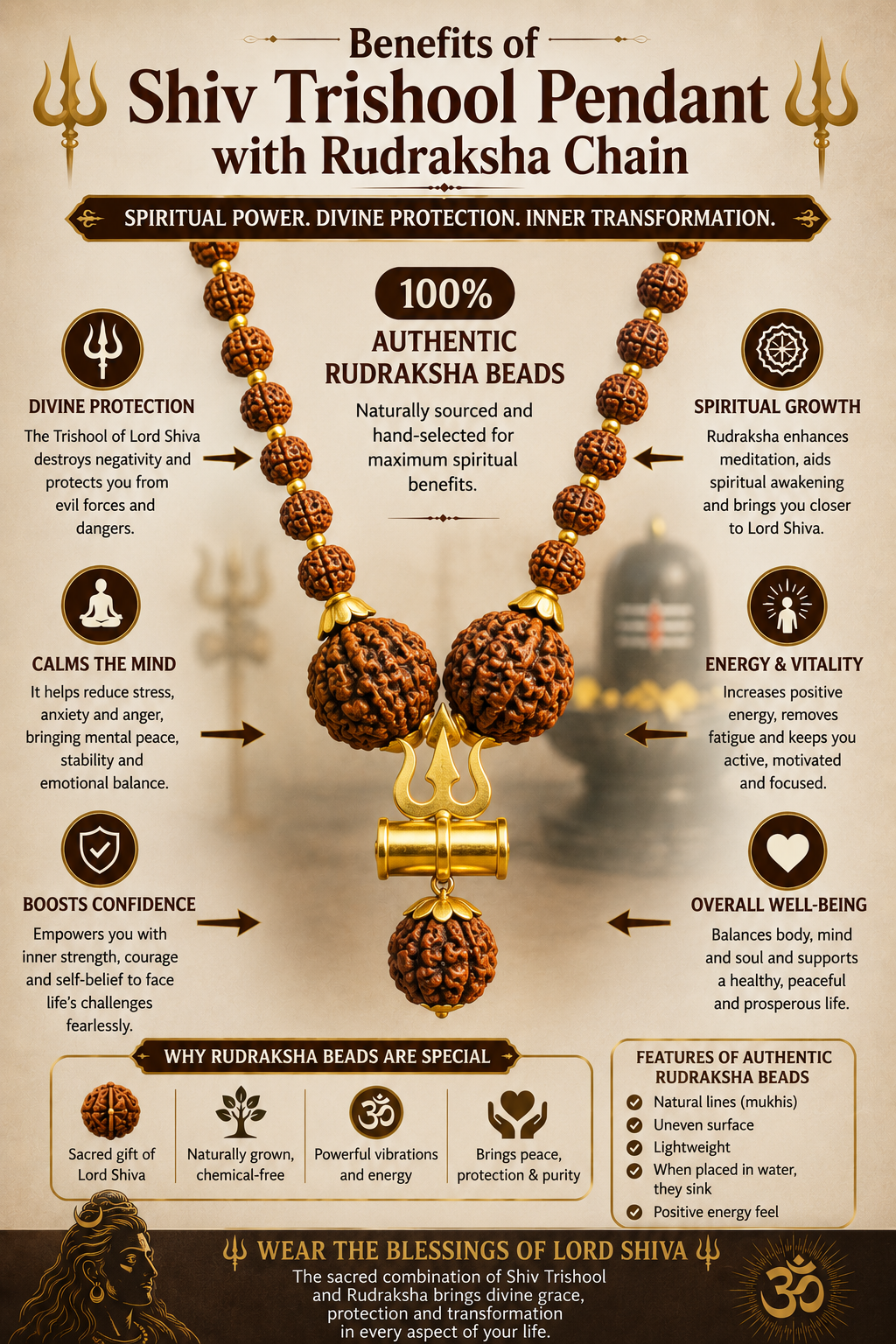 Shiv Trishool Pendant with Rudraksha Chain