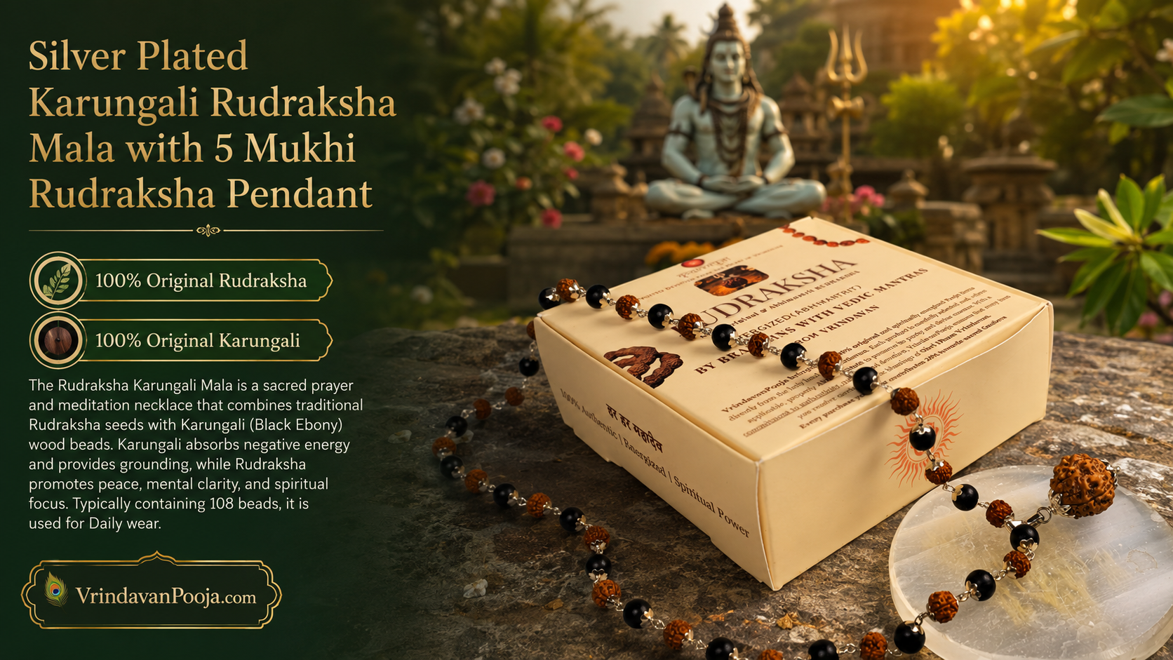 Silver Plated Rudraksha & Karungali Mala with 5 Mukhi Rudraksha Pendant