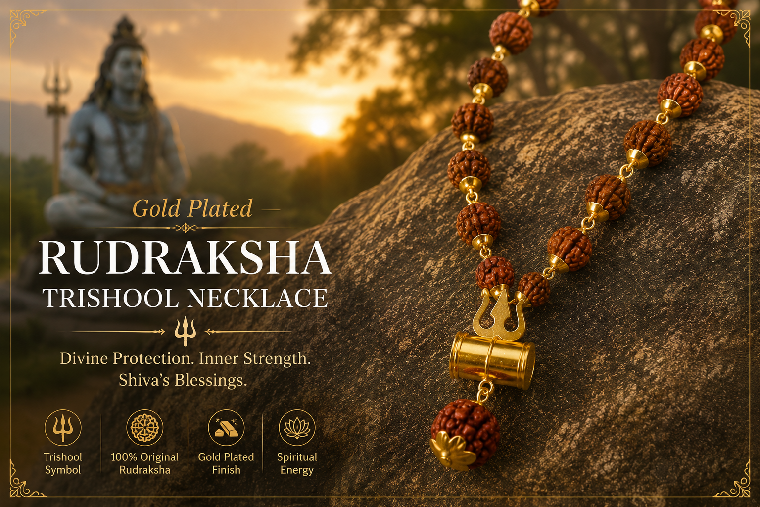 Gold Plated Rudraksha Trishool Necklace