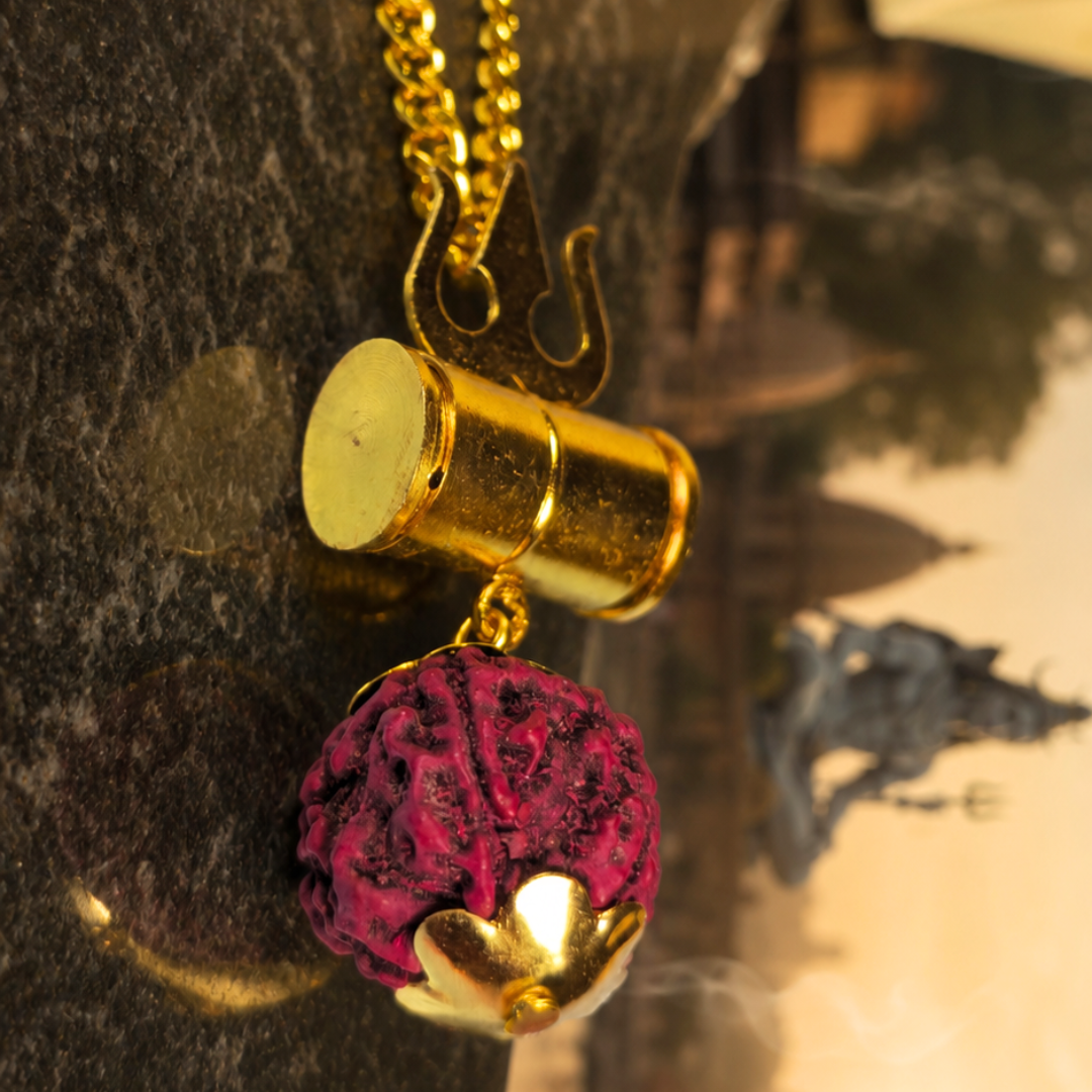 Gold-Plated Shiva Damru Trishul Rudraksha Chain Necklace