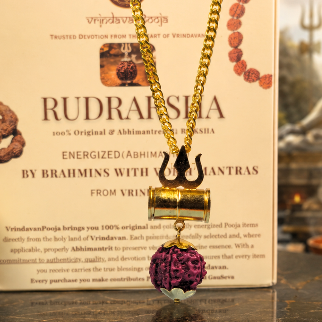 Gold-Plated Shiva Damru Trishul Rudraksha Chain Necklace