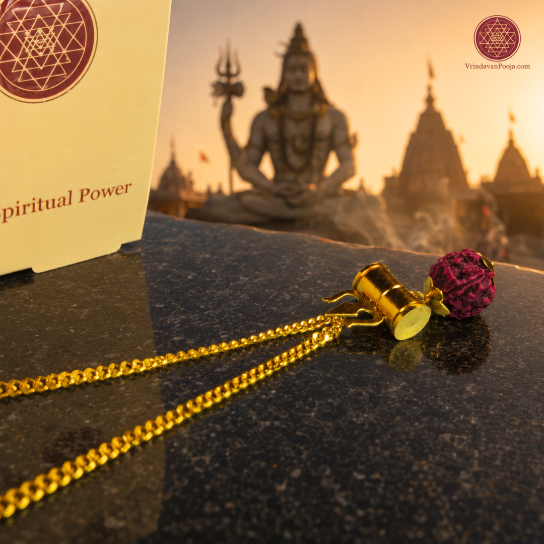 Gold-Plated Shiva Damru Trishul Rudraksha Chain Necklace