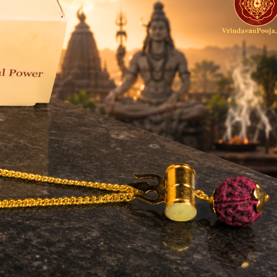 Gold-Plated Shiva Damru Trishul Rudraksha Chain Necklace