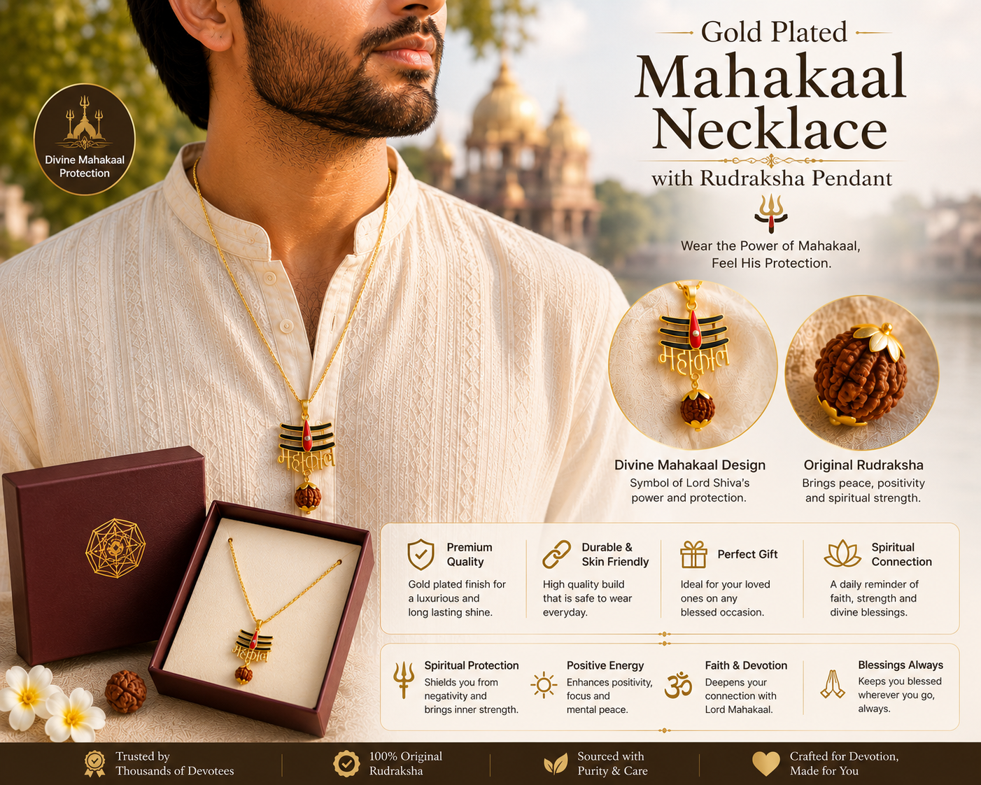 Gold Plated Mahakaal Necklace with Rudraksha Pendant