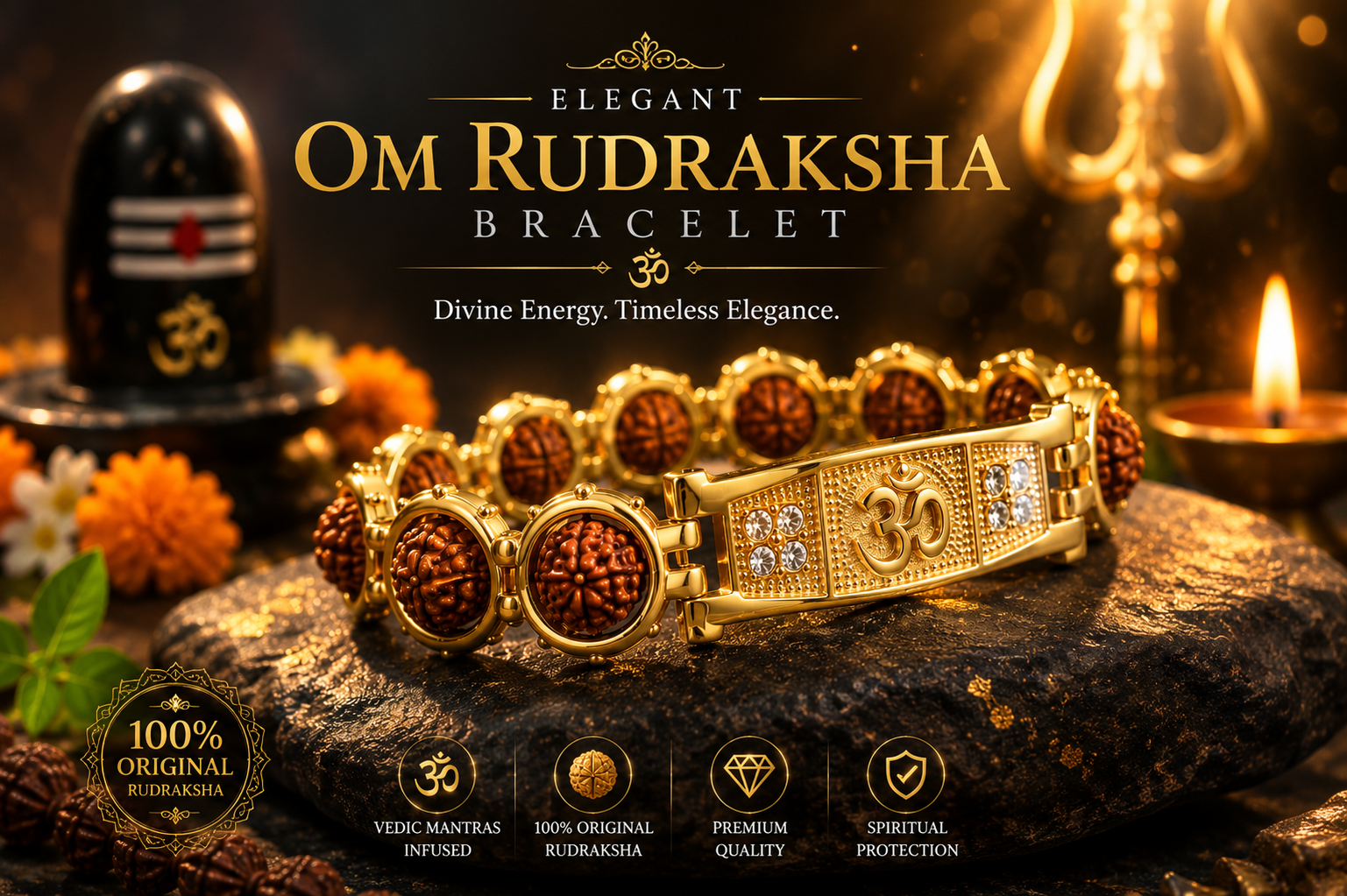 Elegant Om Rudraksha Bracelet Gold Plated