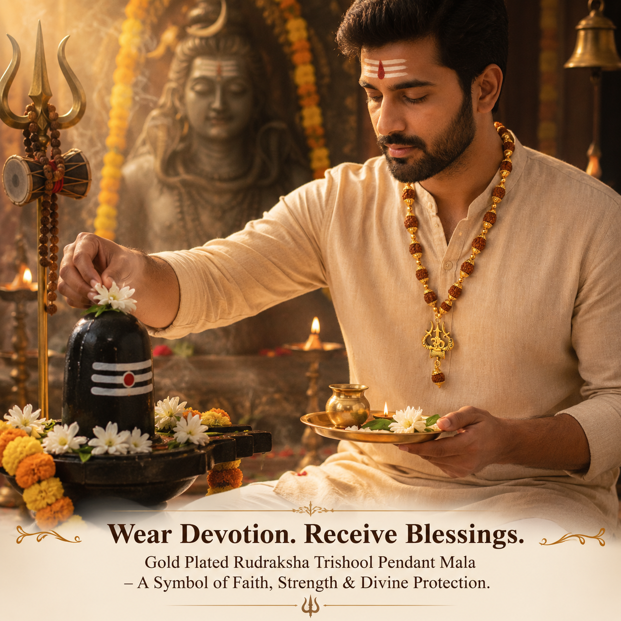 Gold Plated Rudraksha Mala with Om Trishool Pendant